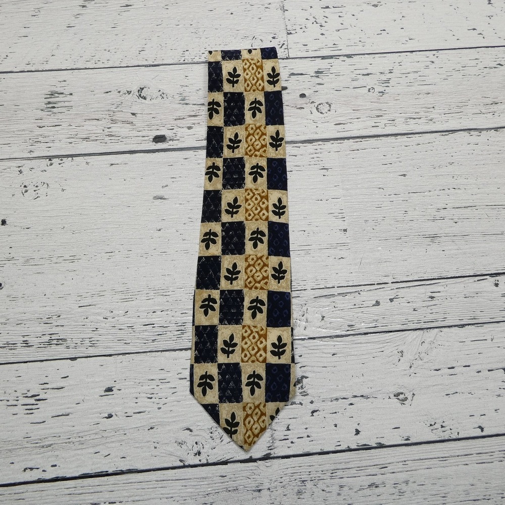 Hugo Boss Tie Mens Blue Gold Beige Silk Made in Italy Geometric Checker Pattern